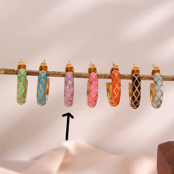 Lilac Purple Enamel Geometric Pattern Hoop‎ Earrings 18K Gold Plated Stainless - Picture 6 of 11